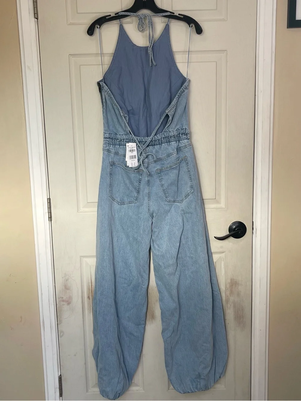 Abercrombie & Fitch High-Neck Linen-Blend Denim Balloon Leg Jumpsuit Sz Small - Picture 9 of 9